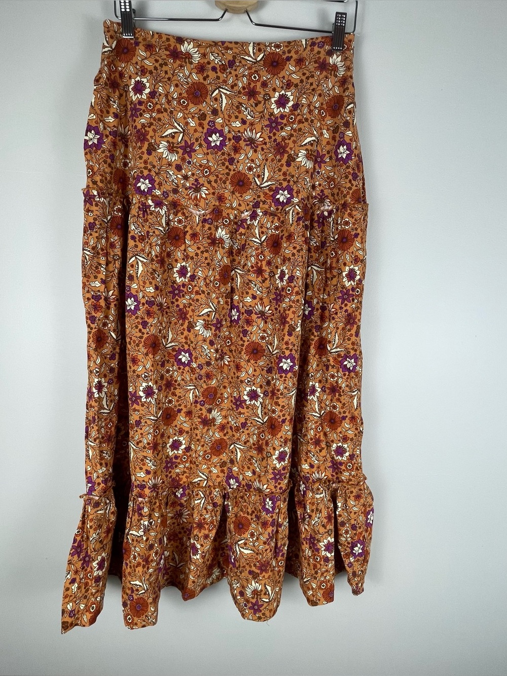 Luna Moon Womens Sz M Orange Floral Tiered Maxi Skirt Cotton Blend Boho